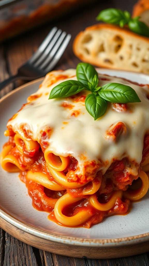 Baked Ziti with Ricotta Cheese Recipe A serving of baked ziti with melted cheese and basil on a rustic table with garlic bread.